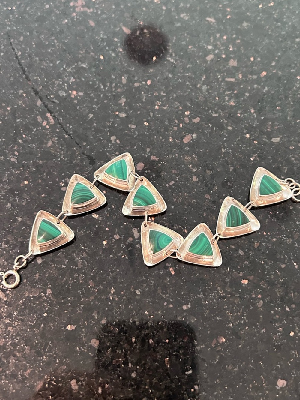 Silver 825 with Malachite Triangular Link bracelet- Geometric Design - Picture 3 of 4